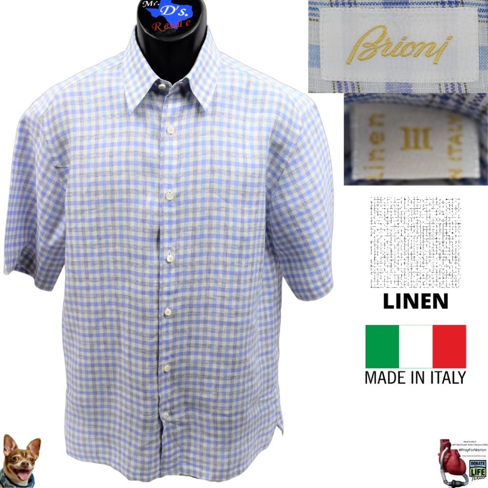 Brioni M Purple Blue Plaid Linen Made in Italy